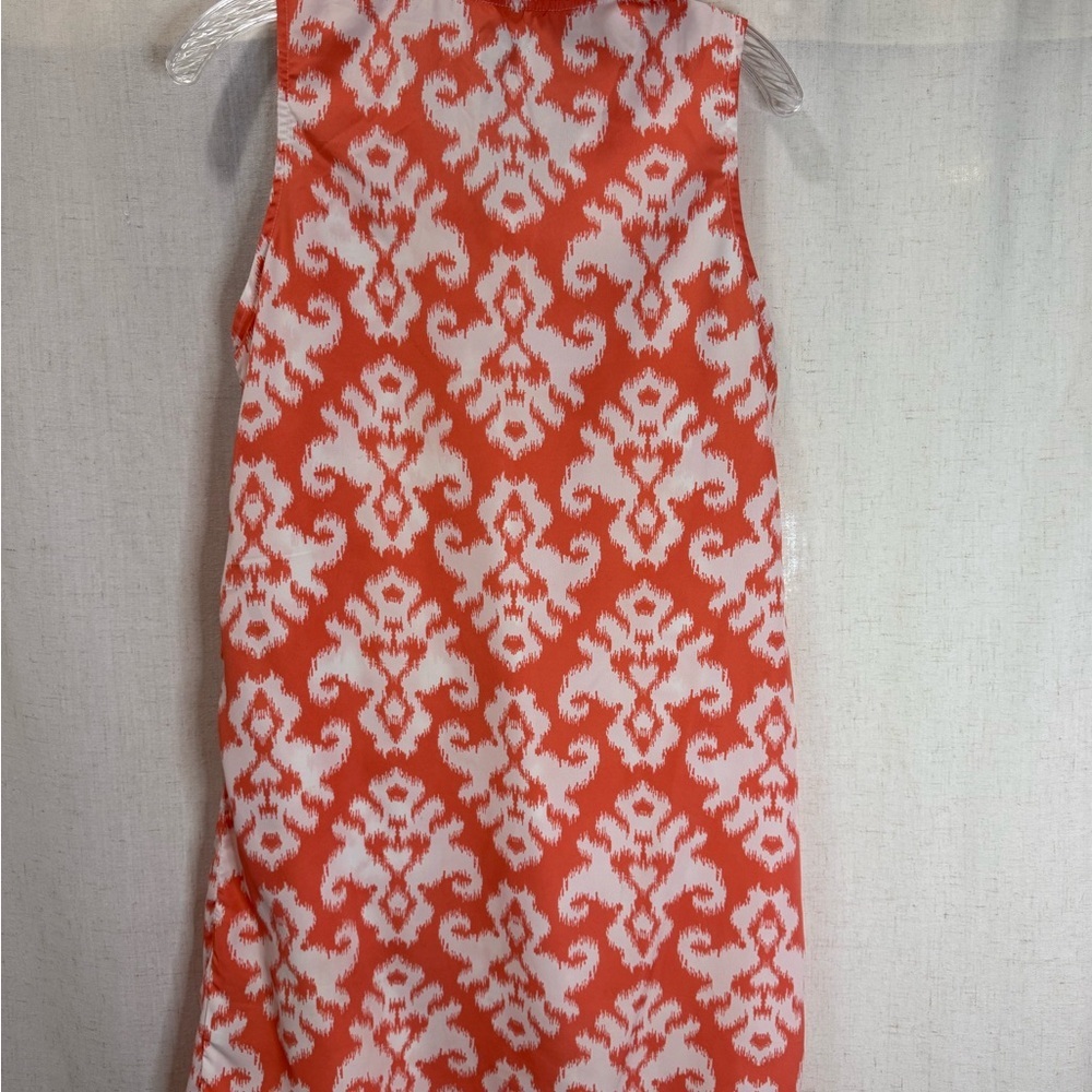 Mud Pie Orange White Ikat Print Ruffle Neck Sleeveless Shift Dress Size M Casual - Picture 2 of 7
